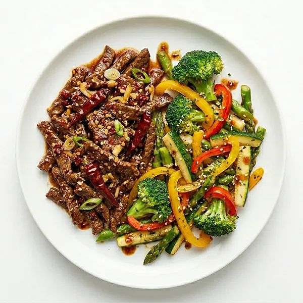 Szechuan Beef with keto vegetable medley